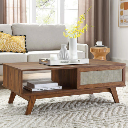 Oldham Coffee Table by Evans & Londeen. Made from particle board, paper, mdf, rattan, weight capacity: top panel : 189 lbs, bottom panel : 44 lbs in a modern style.