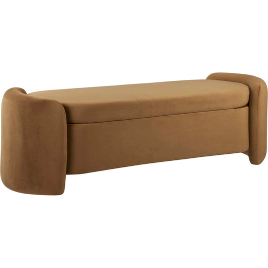 Vernon Bench by Evans & Londeen in cognac. Made from solid wood frame, plywood in a modern style.