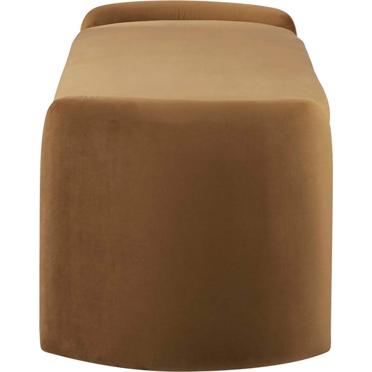 Vernon Bench by Evans & Londeen in cognac. Made from solid wood frame, plywood in a modern style.