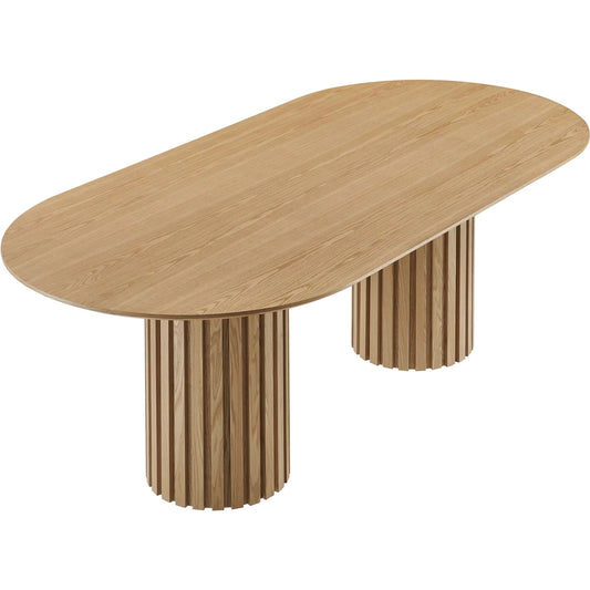 Fairbanks 95" Oval Dining Table by Evans & Londeen. Made from p2 mdf panel, american walut veneer color code: wa-01, bottom of both base is with 1 whole piece of 3mmt felt pad in a modern style.