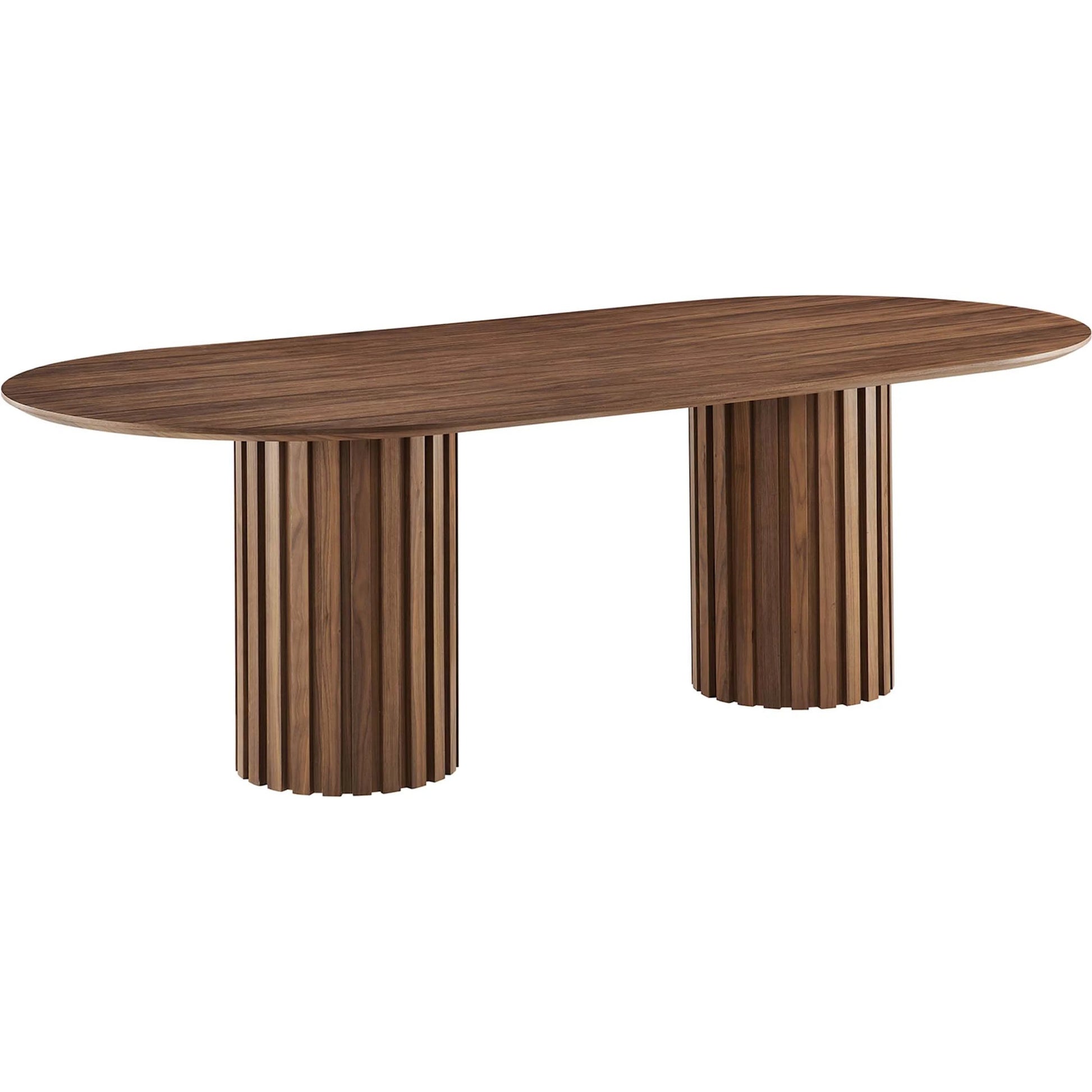 Fairbanks 95" Oval Dining Table by Evans & Londeen. Made from p2 mdf panel, american walut veneer color code: wa-01, bottom of both base is with 1 whole piece of 3mmt felt pad in a modern style.