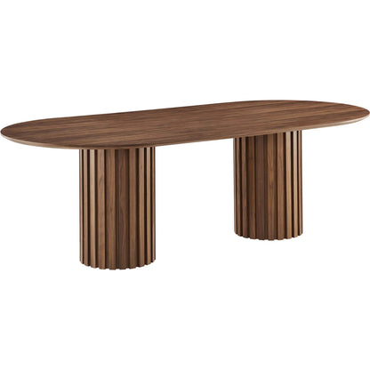 Fairbanks 95" Oval Dining Table by Evans & Londeen. Made from p2 mdf panel, american walut veneer color code: wa-01, bottom of both base is with 1 whole piece of 3mmt felt pad in a modern style.