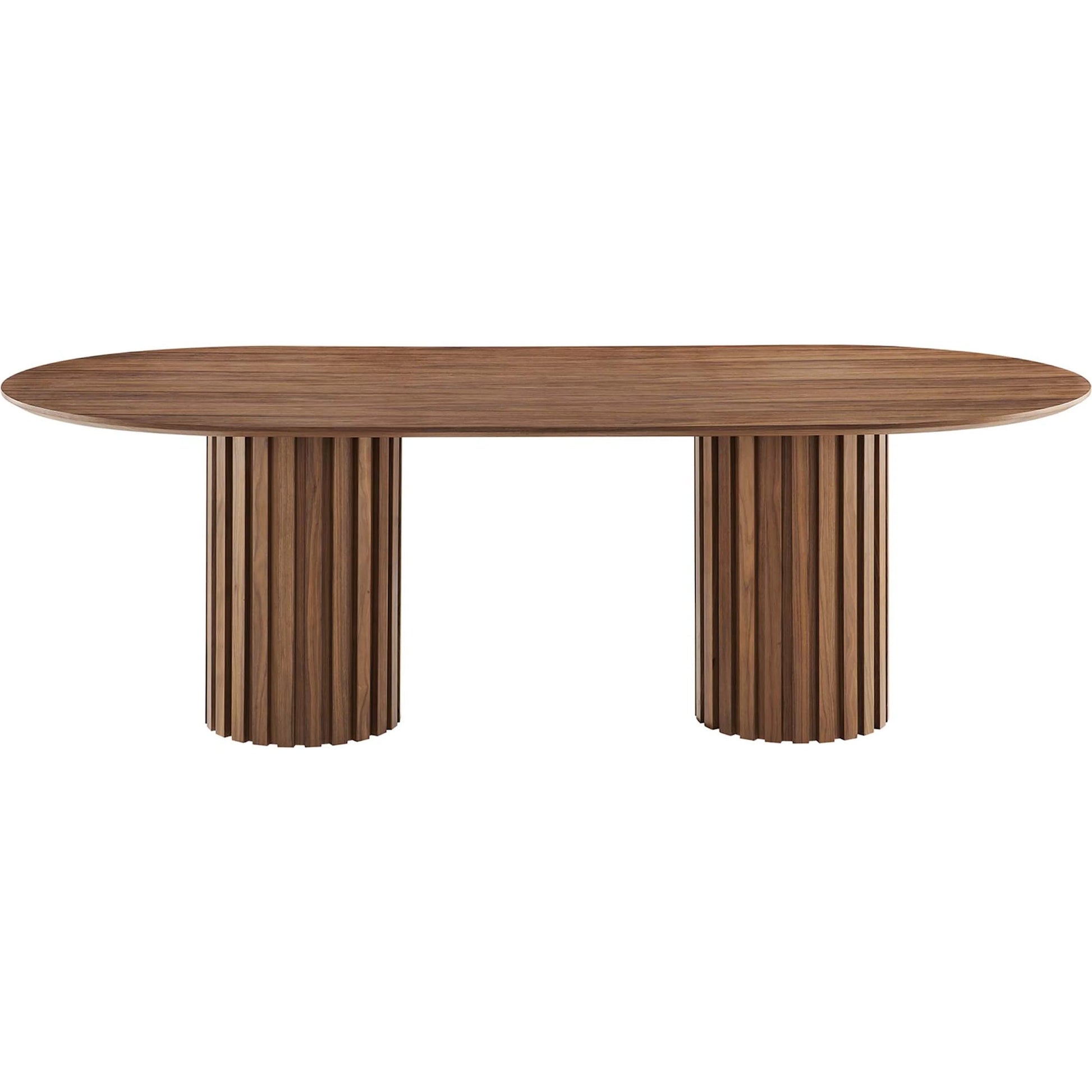 Fairbanks 95" Oval Dining Table by Evans & Londeen. Made from p2 mdf panel, american walut veneer color code: wa-01, bottom of both base is with 1 whole piece of 3mmt felt pad in a modern style.