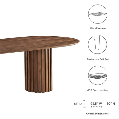Fairbanks 95" Oval Dining Table by Evans & Londeen. Made from p2 mdf panel, american walut veneer color code: wa-01, bottom of both base is with 1 whole piece of 3mmt felt pad in a modern style.
