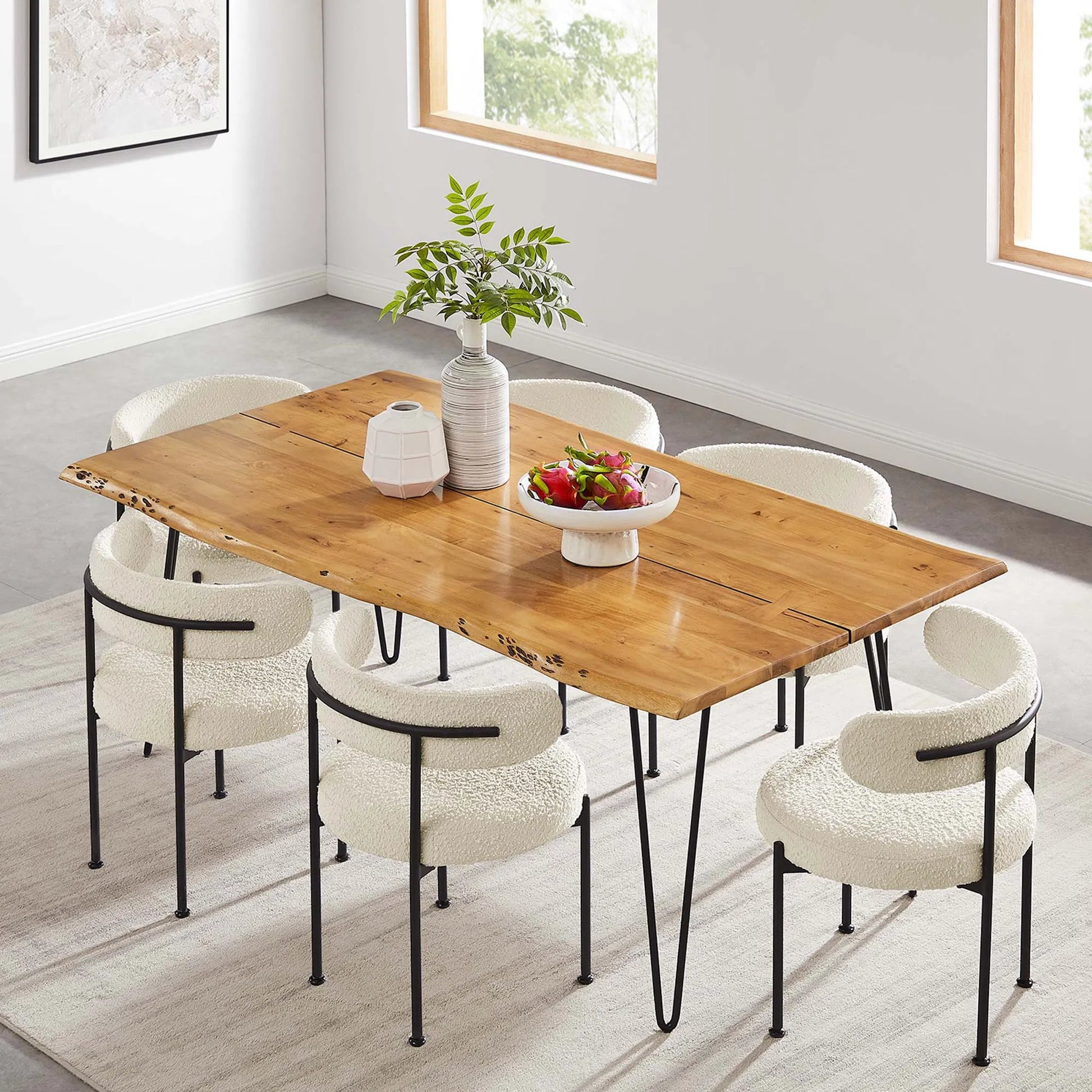 Westminster 74" Live Edge Acacia Wood Acacia Wood Dining Table by Evans & Londeen. Made from acasia live edge table top, metal powder coat finish - black, mild steel plate, solid mild steel rod, weight capacity: 133 lbs in a modern sty