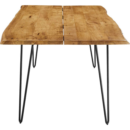 Westminster 74" Live Edge Acacia Wood Acacia Wood Dining Table by Evans & Londeen. Made from acasia live edge table top, metal powder coat finish - black, mild steel plate, solid mild steel rod, weight capacity: 133 lbs in a modern sty