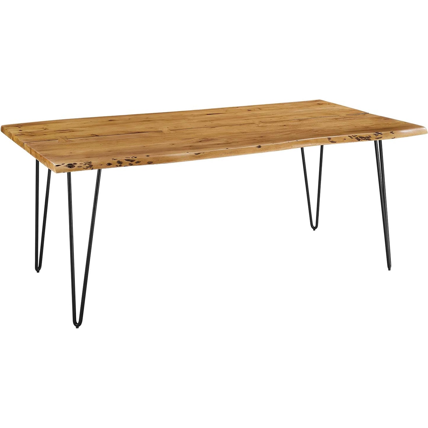 001 SI-2002632 | Primary Silo | Westminster 74" Live Edge Acacia Wood Acacia Wood Dining Table by Evans & Londeen. Made from acasia live edge table top, metal powder coat finish - black, mild steel plate, solid mild steel rod, weight capacity: 133 lbs in a