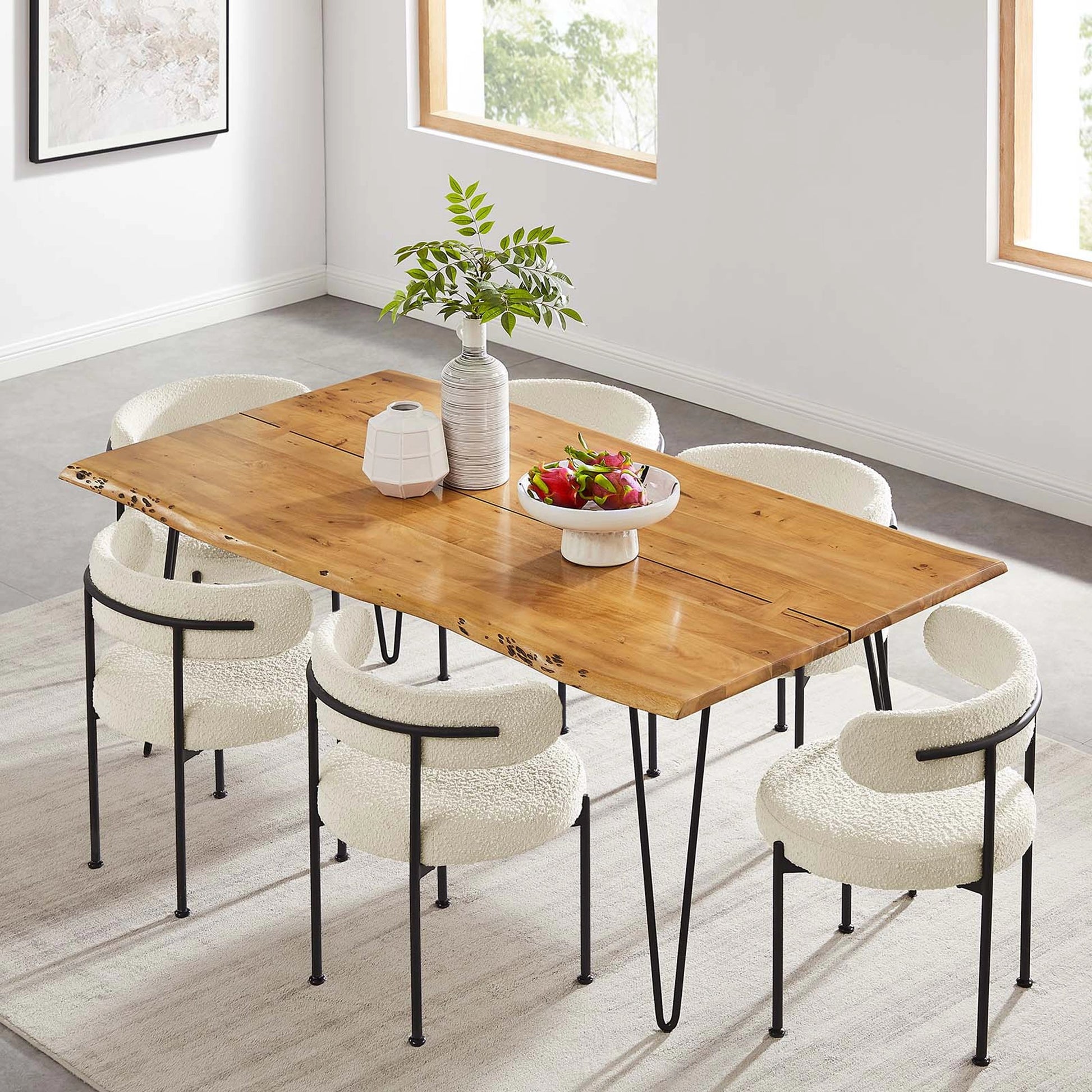 Westminster 74" Live Edge Acacia Wood Acacia Wood Dining Table by Evans & Londeen. Made from acasia live edge table top, metal powder coat finish - black, mild steel plate, solid mild steel rod, weight capacity: 133 lbs in a modern sty