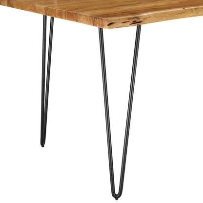 Westminster 74" Live Edge Acacia Wood Acacia Wood Dining Table by Evans & Londeen. Made from acasia live edge table top, metal powder coat finish - black, mild steel plate, solid mild steel rod, weight capacity: 133 lbs in a modern sty