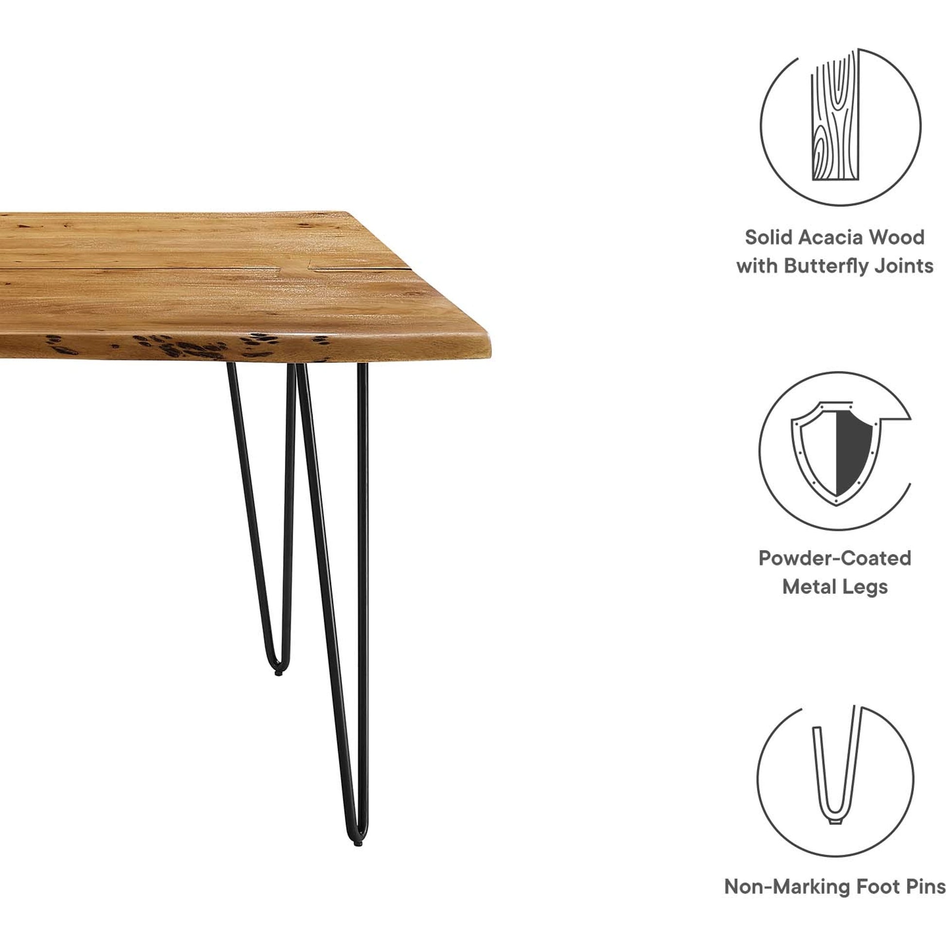 Westminster 74" Live Edge Acacia Wood Acacia Wood Dining Table by Evans & Londeen. Made from acasia live edge table top, metal powder coat finish - black, mild steel plate, solid mild steel rod, weight capacity: 133 lbs in a modern sty