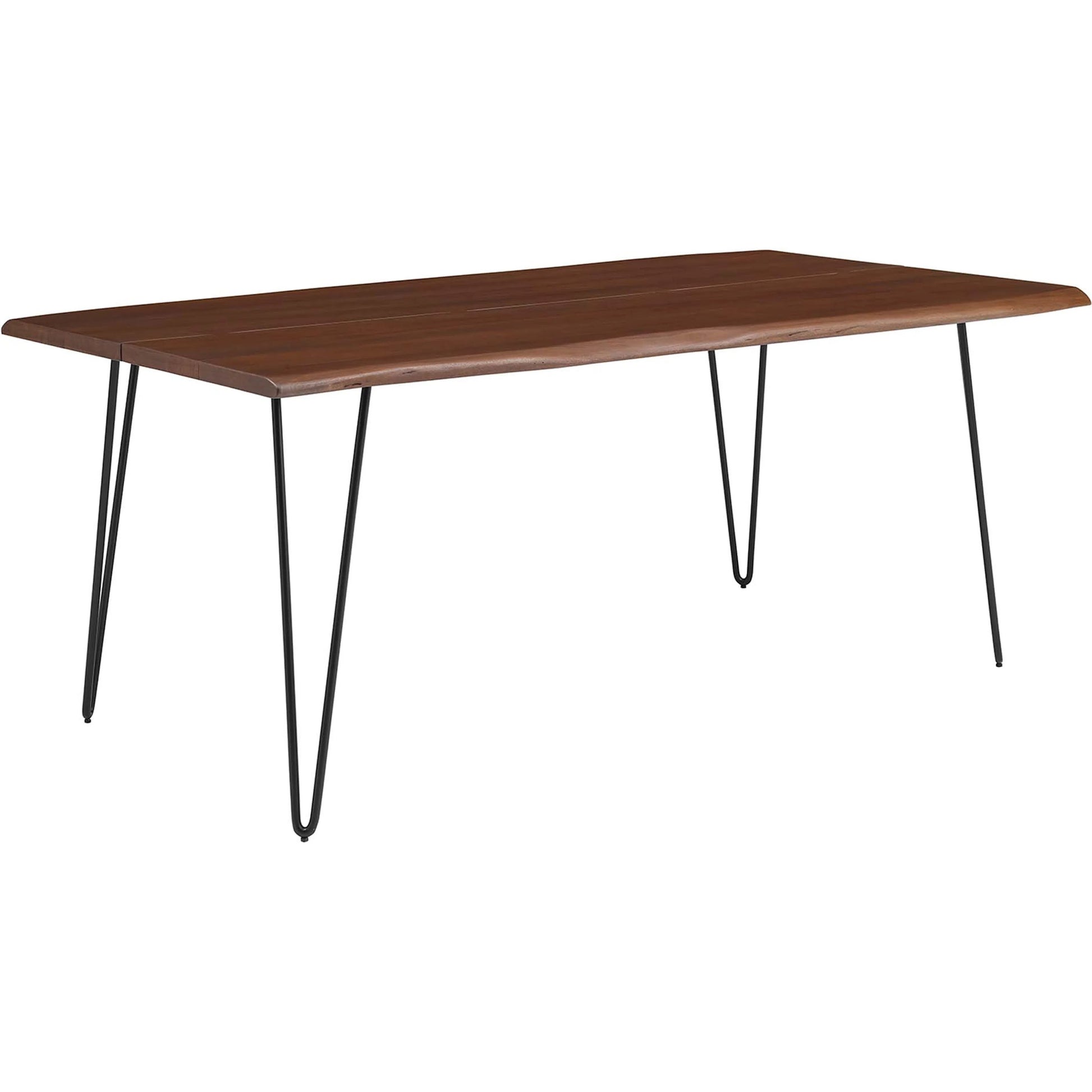 Westminster 74" Live Edge Acacia Wood Acacia Wood Dining Table by Evans & Londeen. Made from acasia live edge table top, metal powder coat finish - black, mild steel plate, solid mild steel rod, weight capacity: 133 lbs in a modern sty
