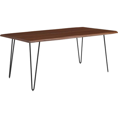 Westminster 74" Live Edge Acacia Wood Acacia Wood Dining Table by Evans & Londeen. Made from acasia live edge table top, metal powder coat finish - black, mild steel plate, solid mild steel rod, weight capacity: 133 lbs in a modern sty