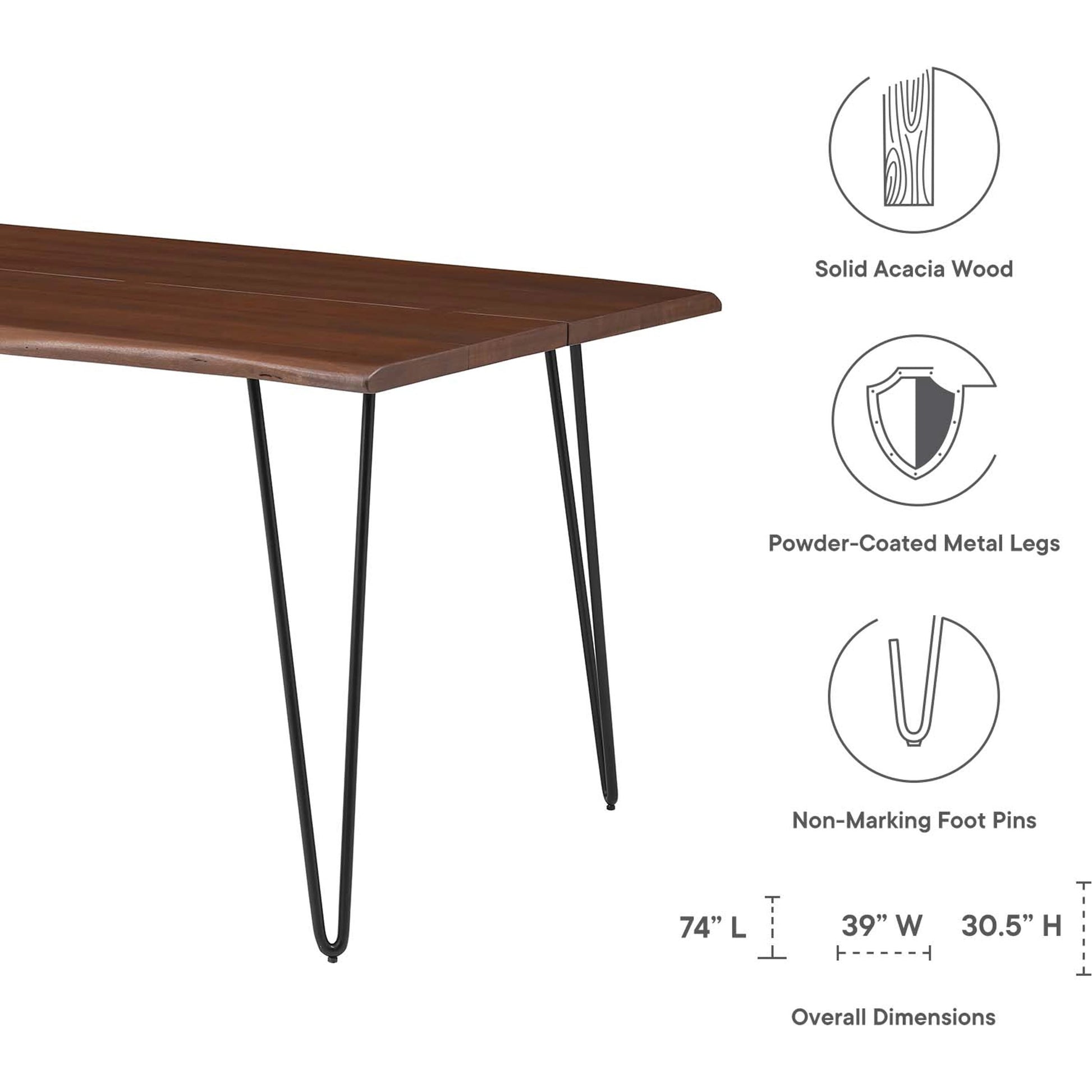 Westminster 74" Live Edge Acacia Wood Acacia Wood Dining Table by Evans & Londeen. Made from acasia live edge table top, metal powder coat finish - black, mild steel plate, solid mild steel rod, weight capacity: 133 lbs in a mode