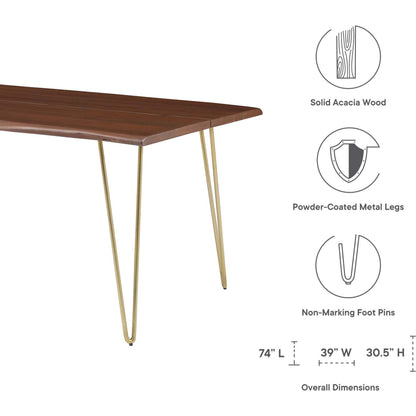 Westminster 74" Live Edge Acacia Wood Acacia Wood Dining Table by Evans & Londeen. Made from acasia live edge table top, metal powder coat finish - black, mild steel plate, solid mild steel rod, weight capacity: 133 lbs in a mode