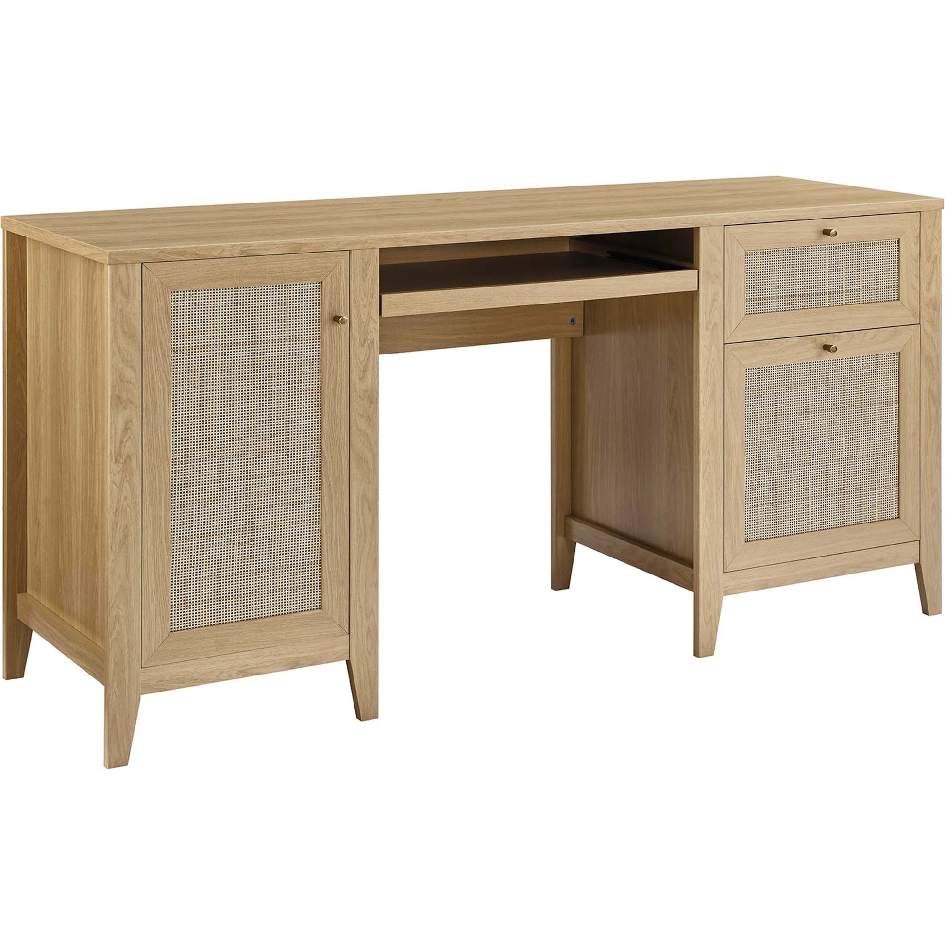 Oldham 63" Office Desk by Evans & Londeen in oak. Made from mdf, particle board, natural rattan, foam pad, brass handle, top panel : 200 lbs in a modern style.