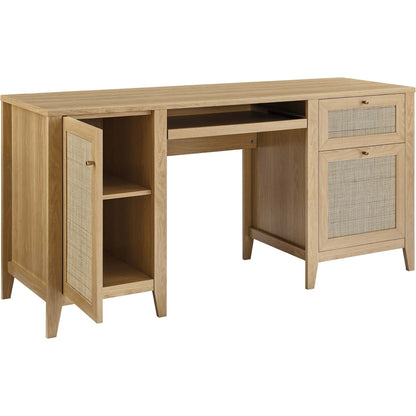 Oldham 63" Office Desk by Evans & Londeen in oak. Made from mdf, particle board, natural rattan, foam pad, brass handle, top panel : 200 lbs in a modern style.