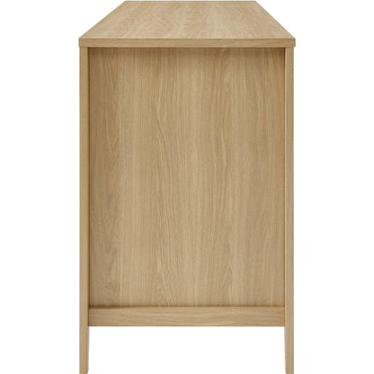 Oldham 63" Office Desk by Evans & Londeen in oak. Made from mdf, particle board, natural rattan, foam pad, brass handle, top panel : 200 lbs in a modern style.