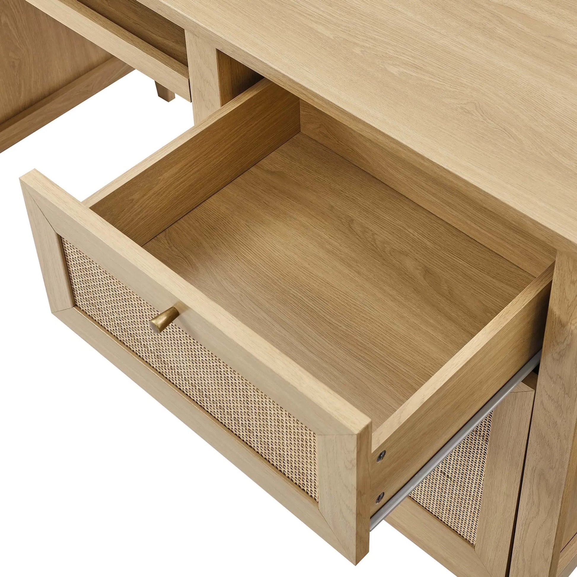 Oldham 63" Office Desk by Evans & Londeen in oak. Made from mdf, particle board, natural rattan, foam pad, brass handle, top panel : 200 lbs in a modern style.