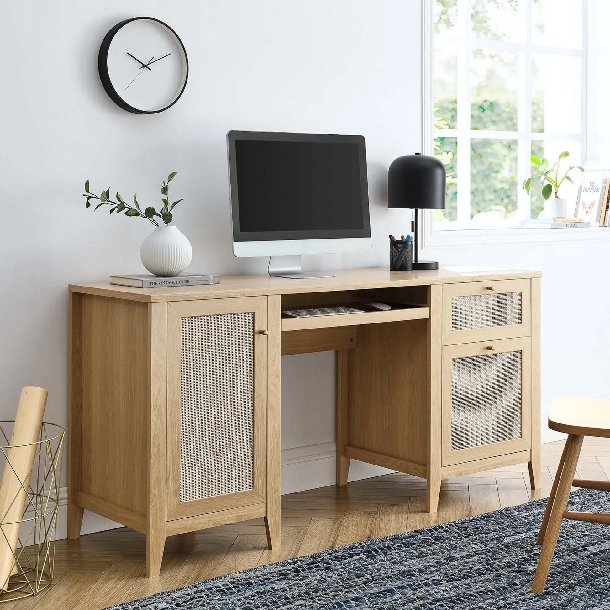 Oldham 63" Office Desk by Evans & Londeen in oak. Made from mdf, particle board, natural rattan, foam pad, brass handle, top panel : 200 lbs in a modern style.