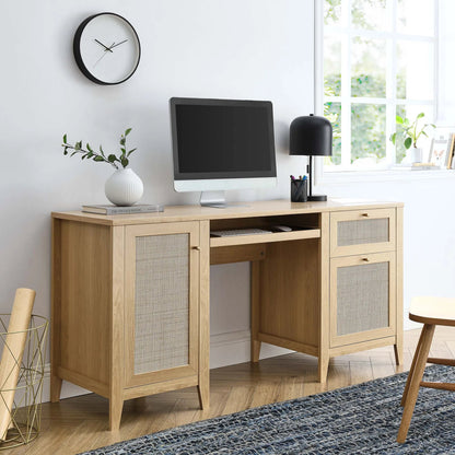 Oldham 63" Office Desk by Evans & Londeen in oak. Made from mdf, particle board, natural rattan, foam pad, brass handle, top panel : 200 lbs in a modern style.