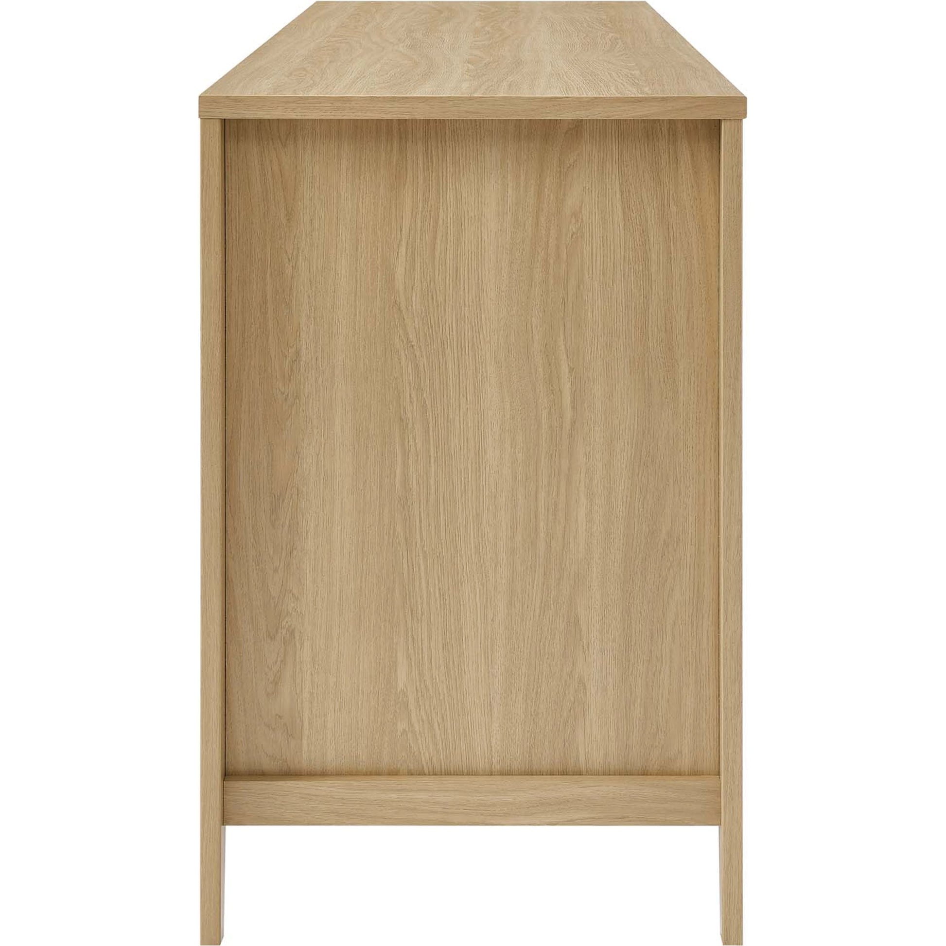 Oldham 63" Office Desk by Evans & Londeen in oak. Made from mdf, particle board, natural rattan, foam pad, brass handle, top panel : 200 lbs in a modern style.
