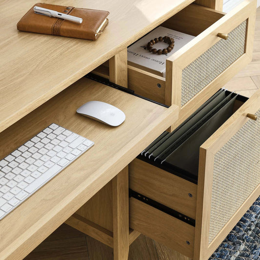 Oldham 63" Office Desk by Evans & Londeen in oak. Made from mdf, particle board, natural rattan, foam pad, brass handle, top panel : 200 lbs in a modern style.