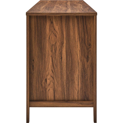 Oldham 63" Office Desk by Evans & Londeen in oak. Made from mdf, particle board, natural rattan, foam pad, brass handle, top panel : 200 lbs in a modern style.