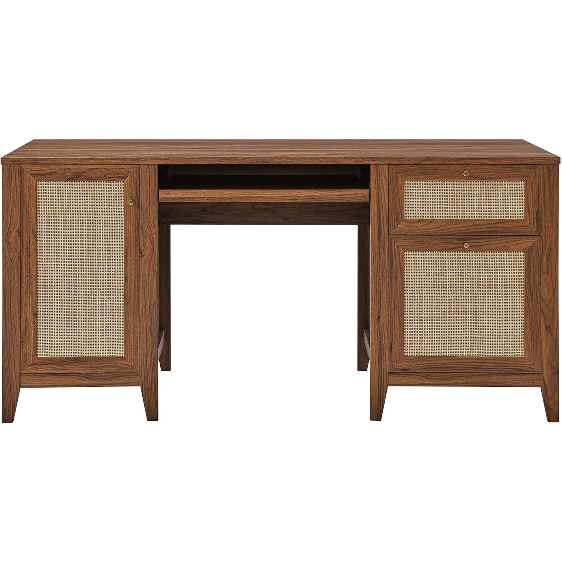 Oldham 63" Office Desk by Evans & Londeen in oak. Made from mdf, particle board, natural rattan, foam pad, brass handle, top panel : 200 lbs in a modern style.