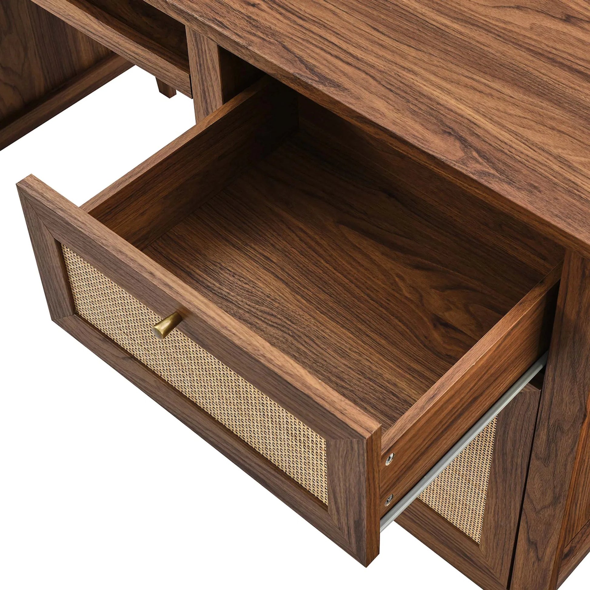 Oldham 63" Office Desk by Evans & Londeen in oak. Made from mdf, particle board, natural rattan, foam pad, brass handle, top panel : 200 lbs in a modern style.