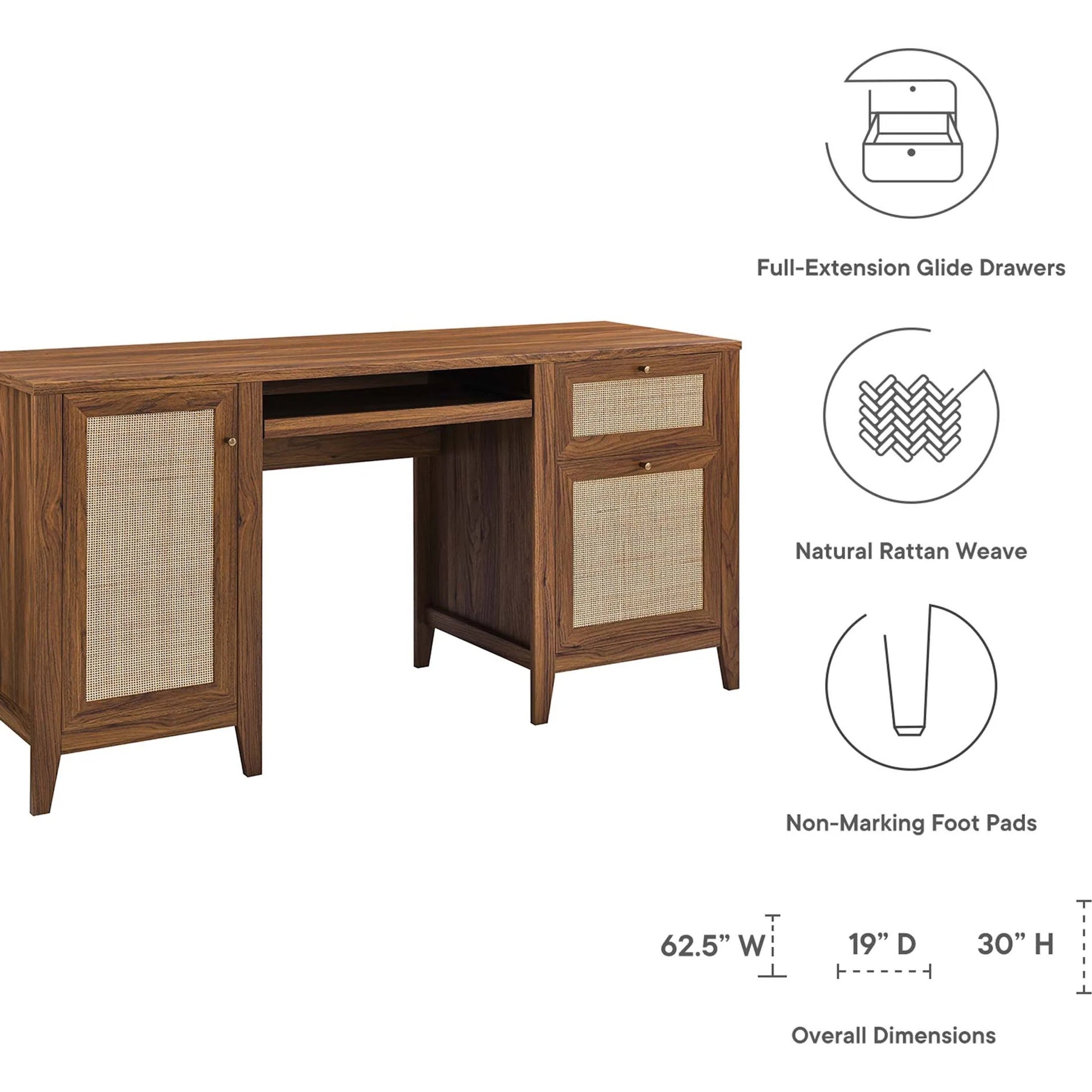 Oldham 63" Office Desk by Evans & Londeen in oak. Made from mdf, particle board, natural rattan, foam pad, brass handle, top panel : 200 lbs in a modern style.