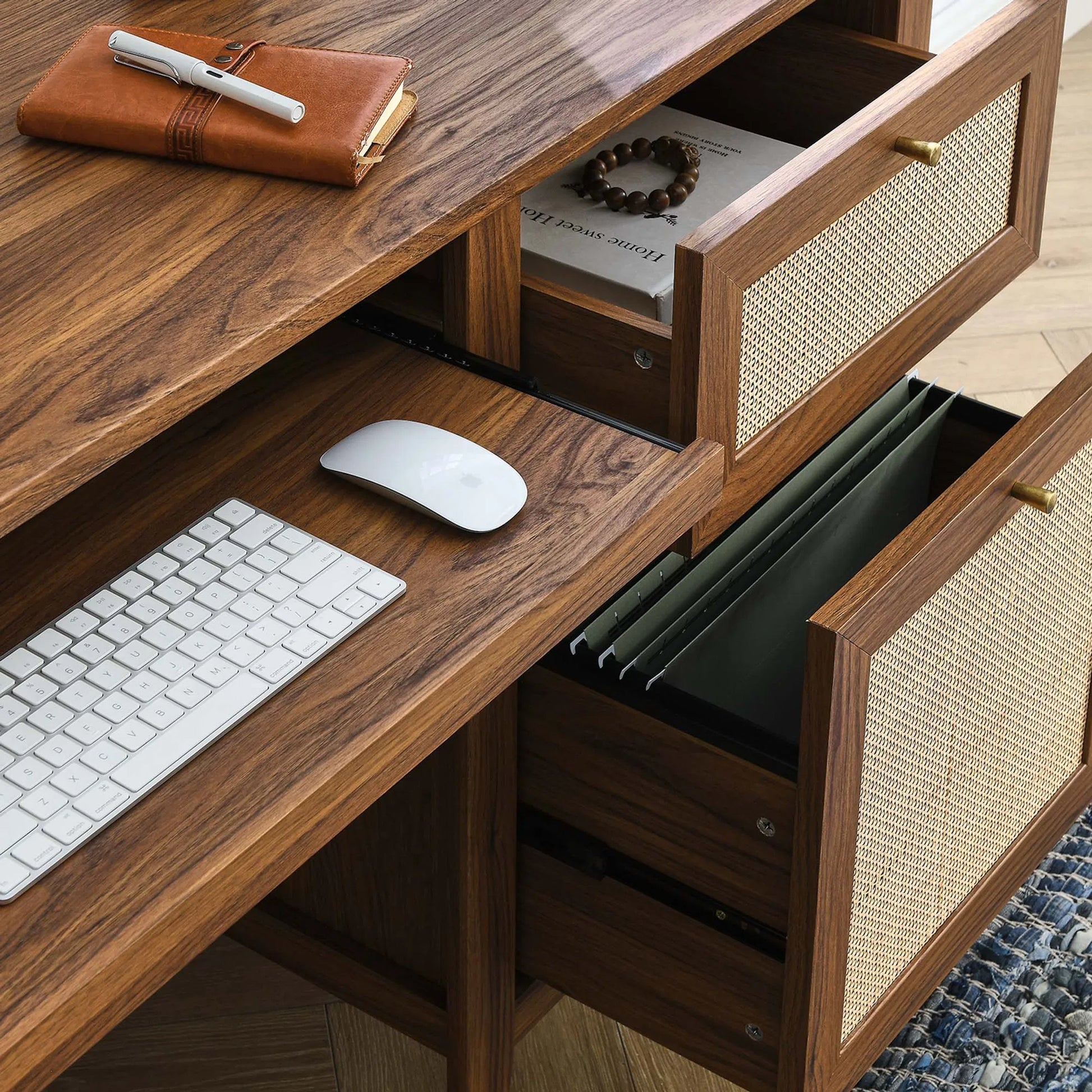 Oldham 63" Office Desk by Evans & Londeen in oak. Made from mdf, particle board, natural rattan, foam pad, brass handle, top panel : 200 lbs in a modern style.