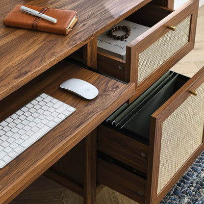 Oldham 63" Office Desk by Evans & Londeen in oak. Made from mdf, particle board, natural rattan, foam pad, brass handle, top panel : 200 lbs in a modern style.