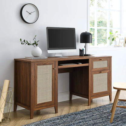 Oldham 63" Office Desk by Evans & Londeen in oak. Made from mdf, particle board, natural rattan, foam pad, brass handle, top panel : 200 lbs in a modern style.