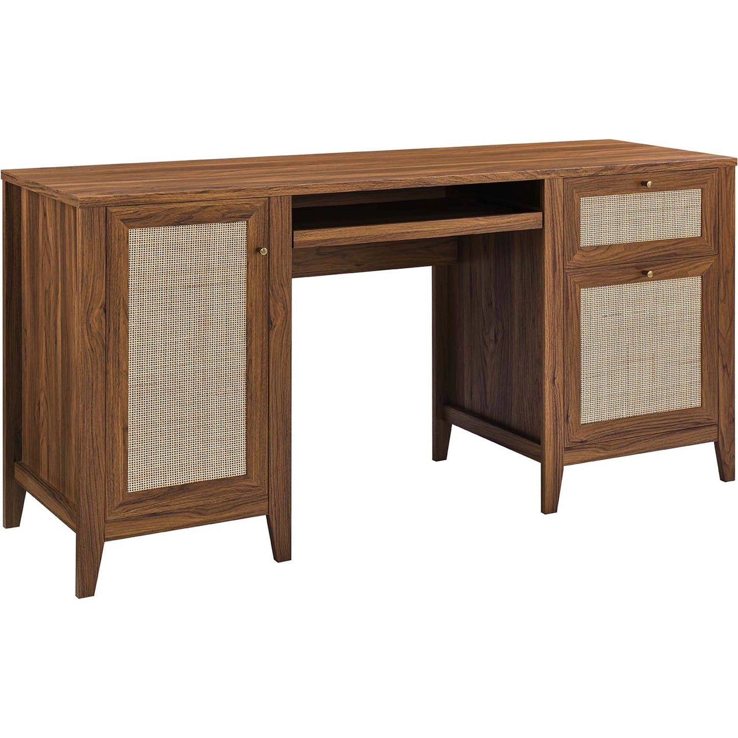 001 SI-2002674 | Primary Silo | Oldham 63" Office Desk by Evans & Londeen in oak. Made from mdf, particle board, natural rattan, foam pad, brass handle, top panel : 200 lbs in a modern style.
