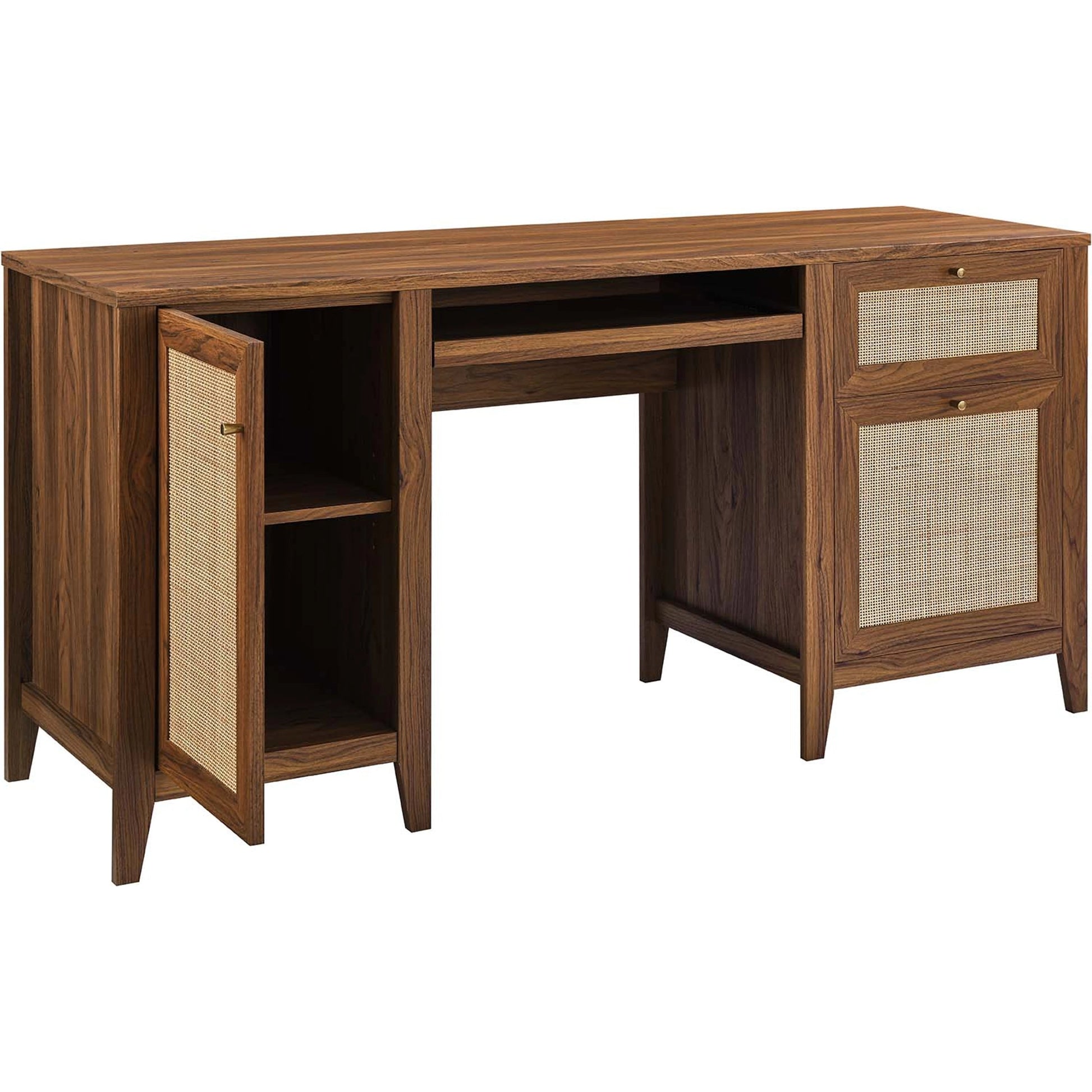 Oldham 63" Office Desk by Evans & Londeen in oak. Made from mdf, particle board, natural rattan, foam pad, brass handle, top panel : 200 lbs in a modern style.