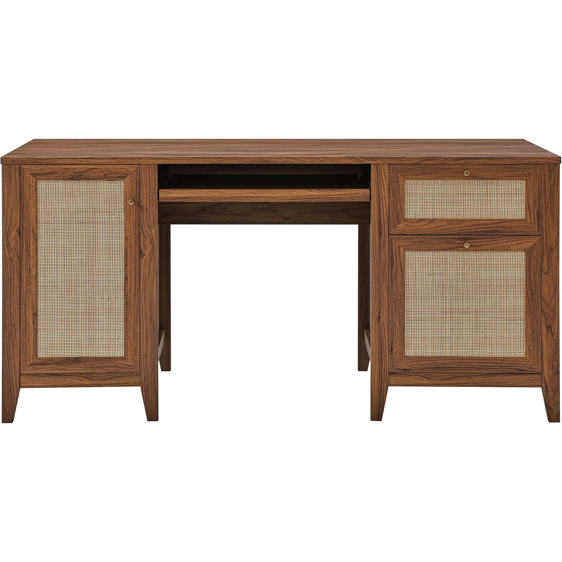 Oldham 63" Office Desk by Evans & Londeen in oak. Made from mdf, particle board, natural rattan, foam pad, brass handle, top panel : 200 lbs in a modern style.