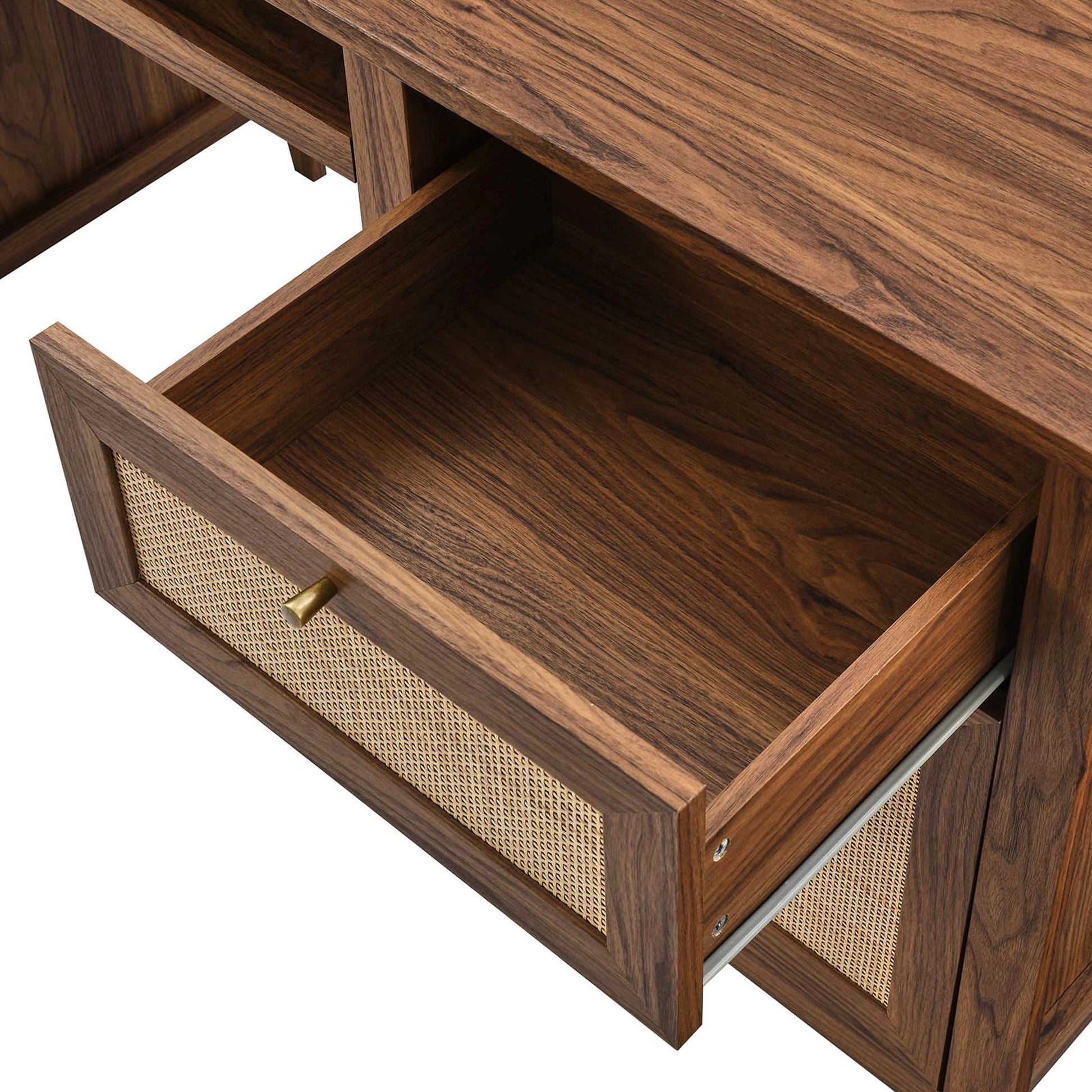 Oldham 63" Office Desk by Evans & Londeen in oak. Made from mdf, particle board, natural rattan, foam pad, brass handle, top panel : 200 lbs in a modern style.