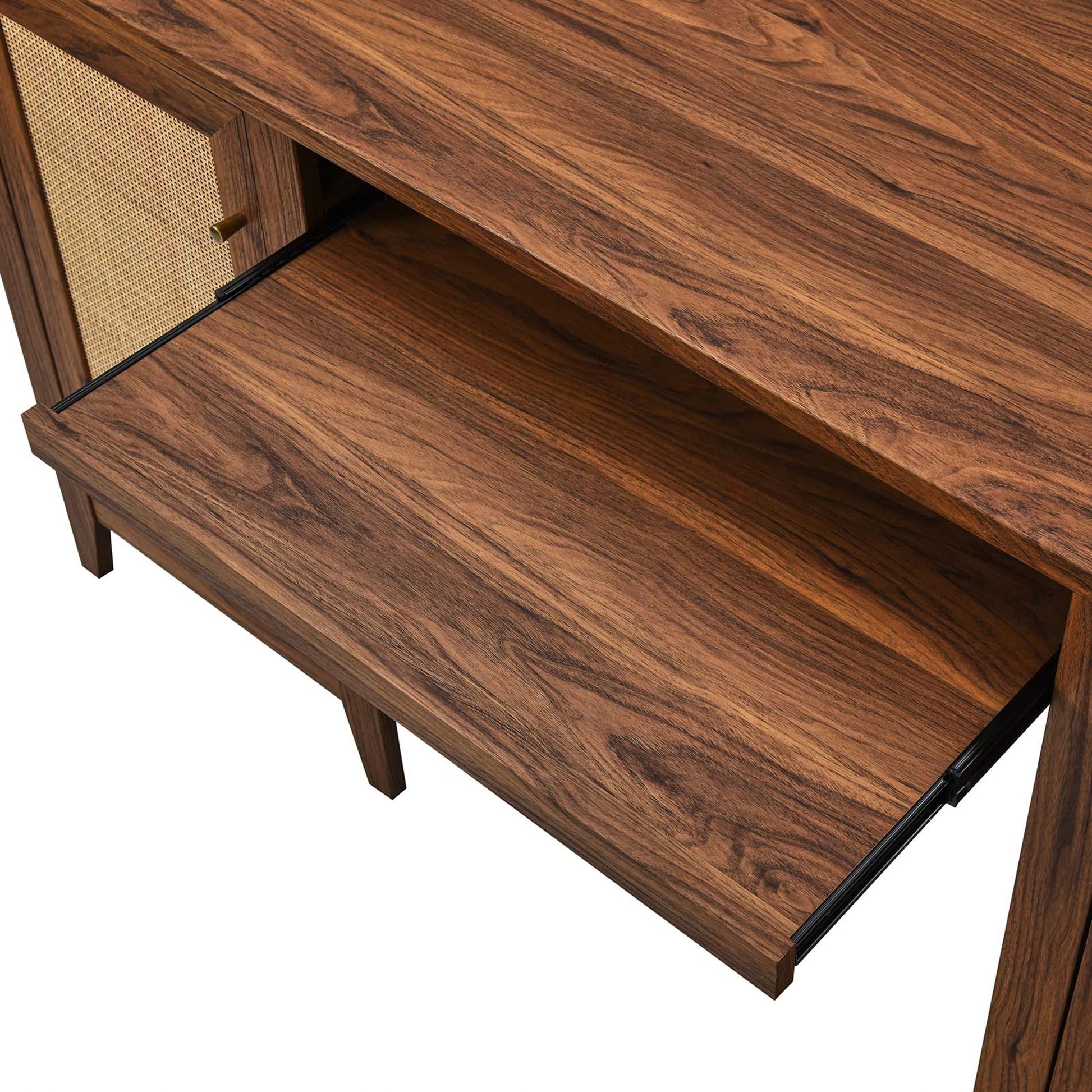 Oldham 63" Office Desk by Evans & Londeen in oak. Made from mdf, particle board, natural rattan, foam pad, brass handle, top panel : 200 lbs in a modern style.