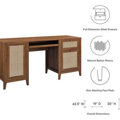 Oldham 63" Office Desk by Evans & Londeen in oak. Made from mdf, particle board, natural rattan, foam pad, brass handle, top panel : 200 lbs in a modern style.