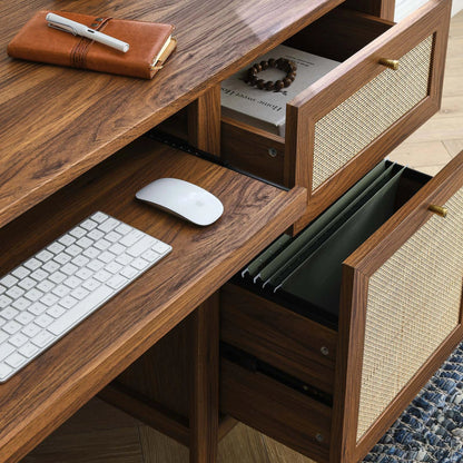 Oldham 63" Office Desk by Evans & Londeen in oak. Made from mdf, particle board, natural rattan, foam pad, brass handle, top panel : 200 lbs in a modern style.