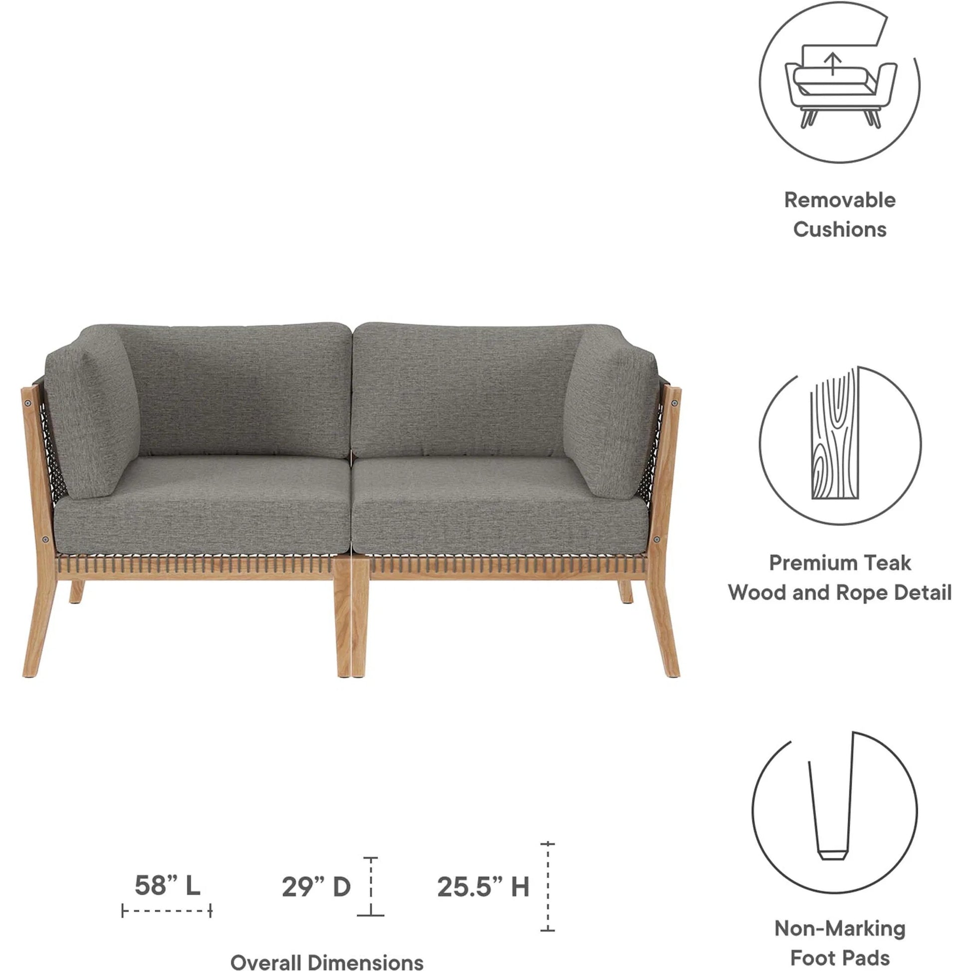 Cooper Teak Wood Loveseat by Evans & Londeen. Made from teak wood, rope, quick dry foam, tack glides, chair weight capacity: 226kgs. in a modern style.