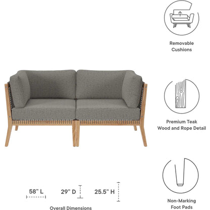 Cooper Teak Wood Loveseat by Evans & Londeen. Made from teak wood, rope, quick dry foam, tack glides, chair weight capacity: 226kgs. in a modern style.