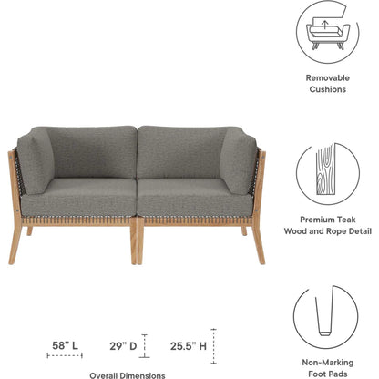 Cooper Teak Wood Loveseat by Evans & Londeen. Made from teak wood, rope, quick dry foam, tack glides, chair weight capacity: 226kgs. in a modern style.