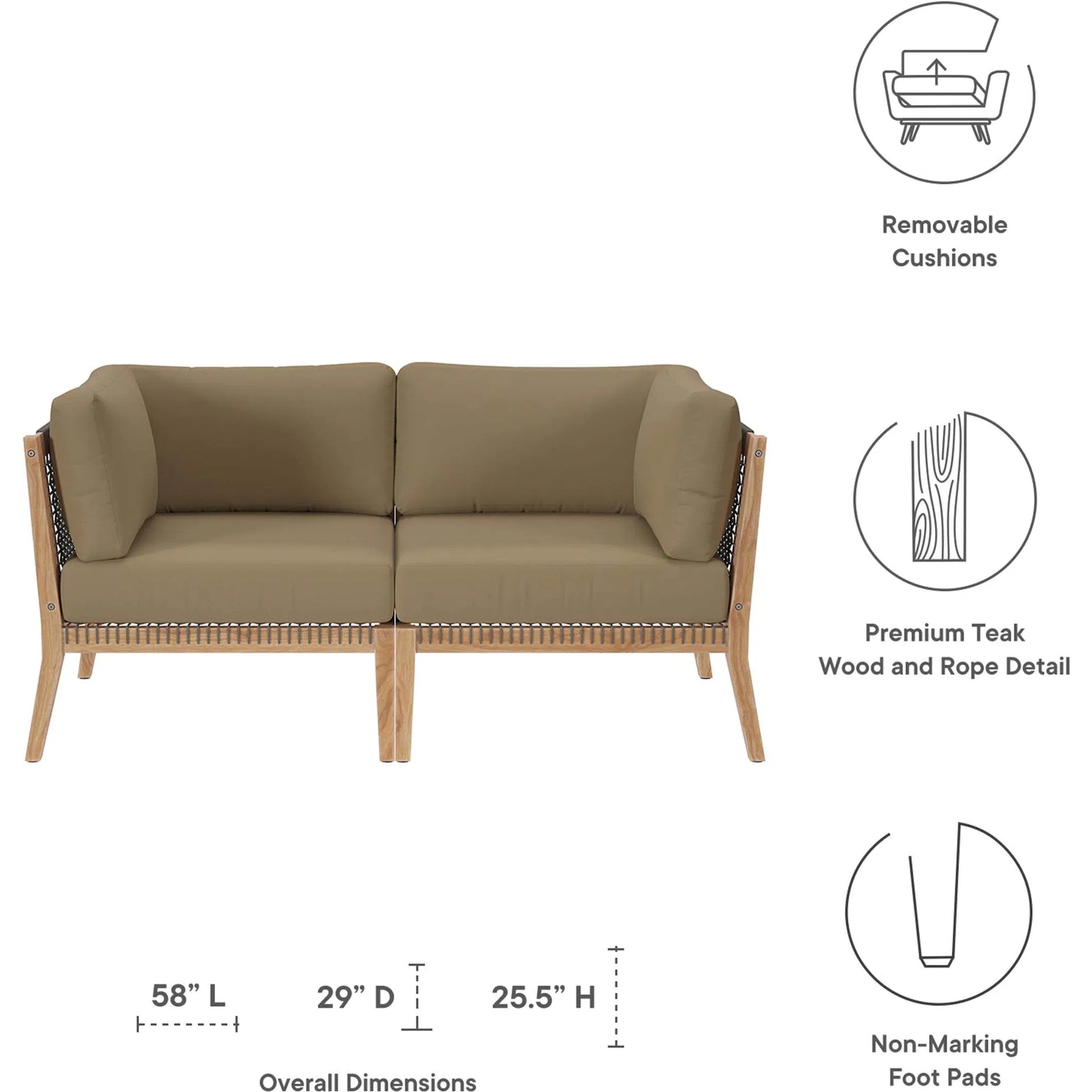 Cooper Teak Wood Loveseat by Evans & Londeen. Made from teak wood, rope, quick dry foam, tack glides, chair weight capacity: 226kgs. in a modern style.