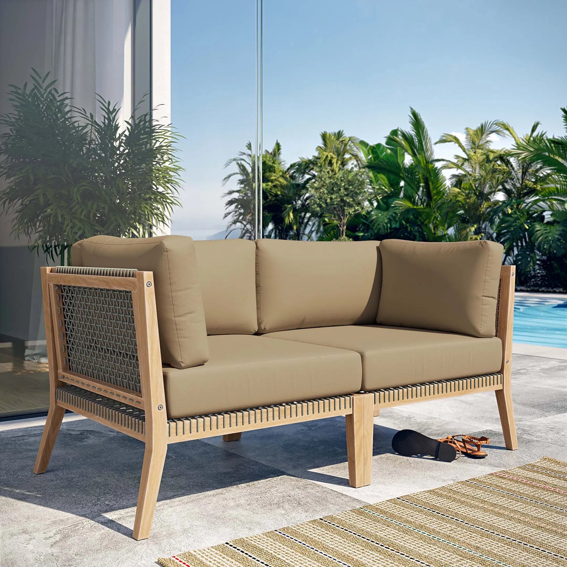 Cooper Teak Wood Loveseat by Evans & Londeen. Made from teak wood, rope, quick dry foam, tack glides, chair weight capacity: 226kgs. in a modern style.