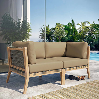 Cooper Teak Wood Loveseat by Evans & Londeen. Made from teak wood, rope, quick dry foam, tack glides, chair weight capacity: 226kgs. in a modern style.