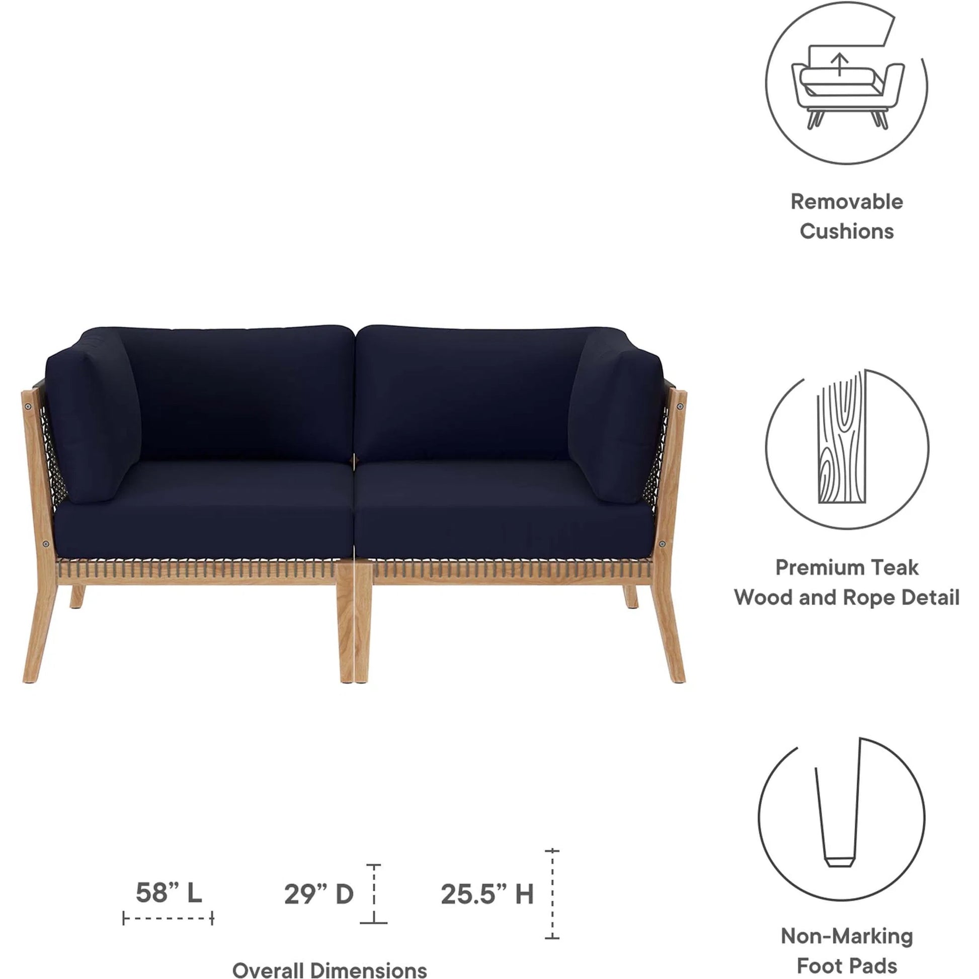 Cooper Teak Wood Loveseat by Evans & Londeen. Made from teak wood, rope, quick dry foam, tack glides, chair weight capacity: 226kgs. in a modern style.