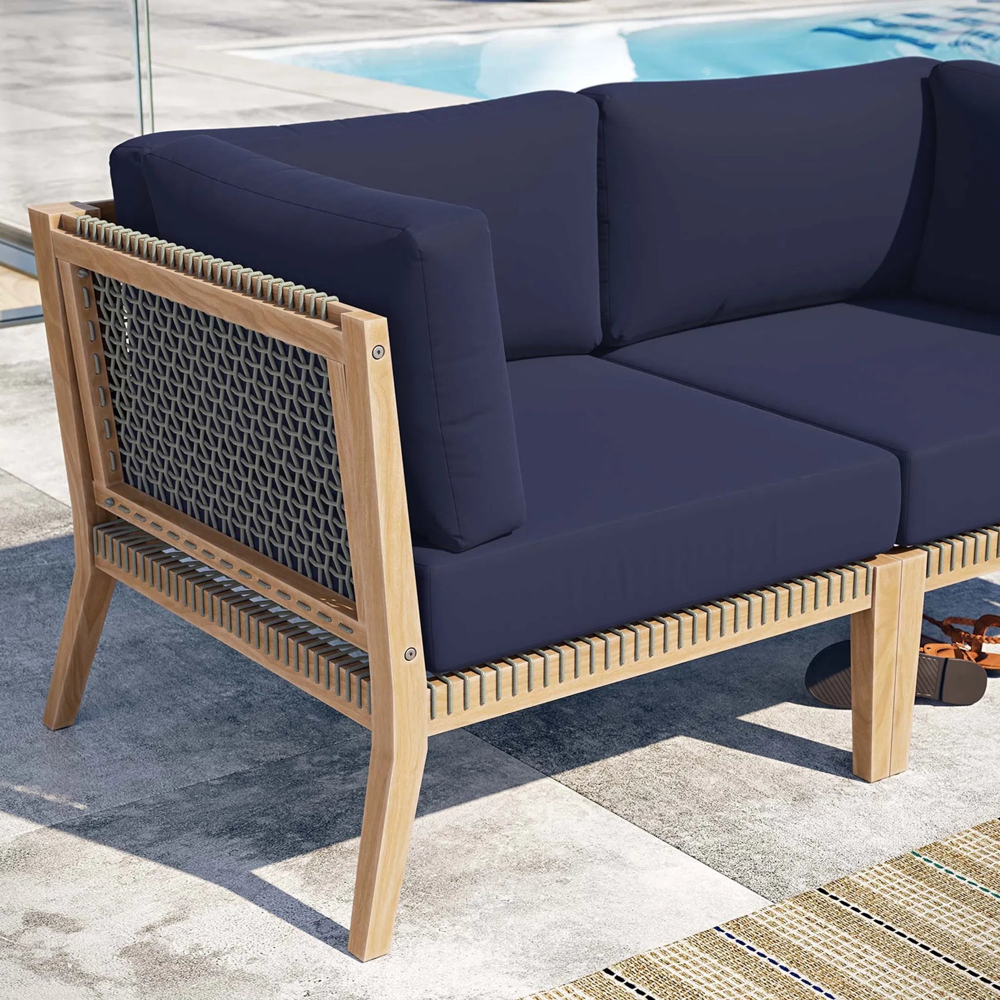 Cooper Teak Wood Loveseat by Evans & Londeen. Made from teak wood, rope, quick dry foam, tack glides, chair weight capacity: 226kgs. in a modern style.