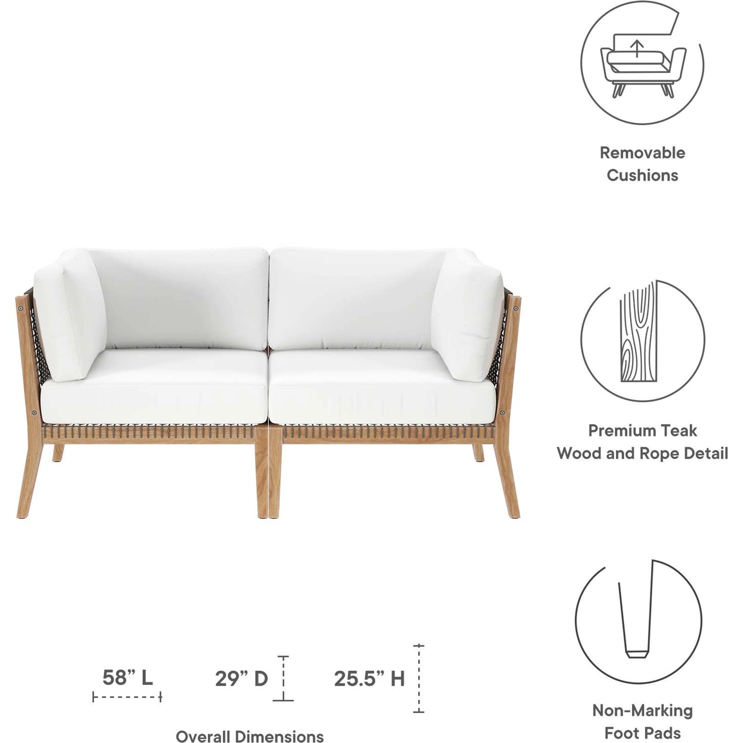 016 SI-2002682 | Closeup | Cooper Teak Wood Loveseat by Evans & Londeen. Made from teak wood, rope, quick dry foam, tack glides, chair weight capacity: 226kgs. in a modern style.