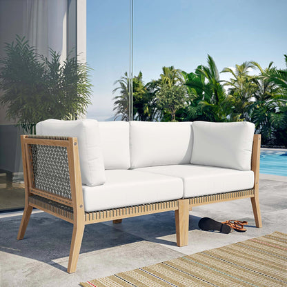 Cooper Teak Wood Loveseat by Evans & Londeen. Made from teak wood, rope, quick dry foam, tack glides, chair weight capacity: 226kgs. in a modern style.